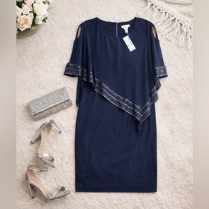 SLNY Cape Sheath Size 6 Navy Foil Trim Split Sleeve Overlay Dress NWT Date Night